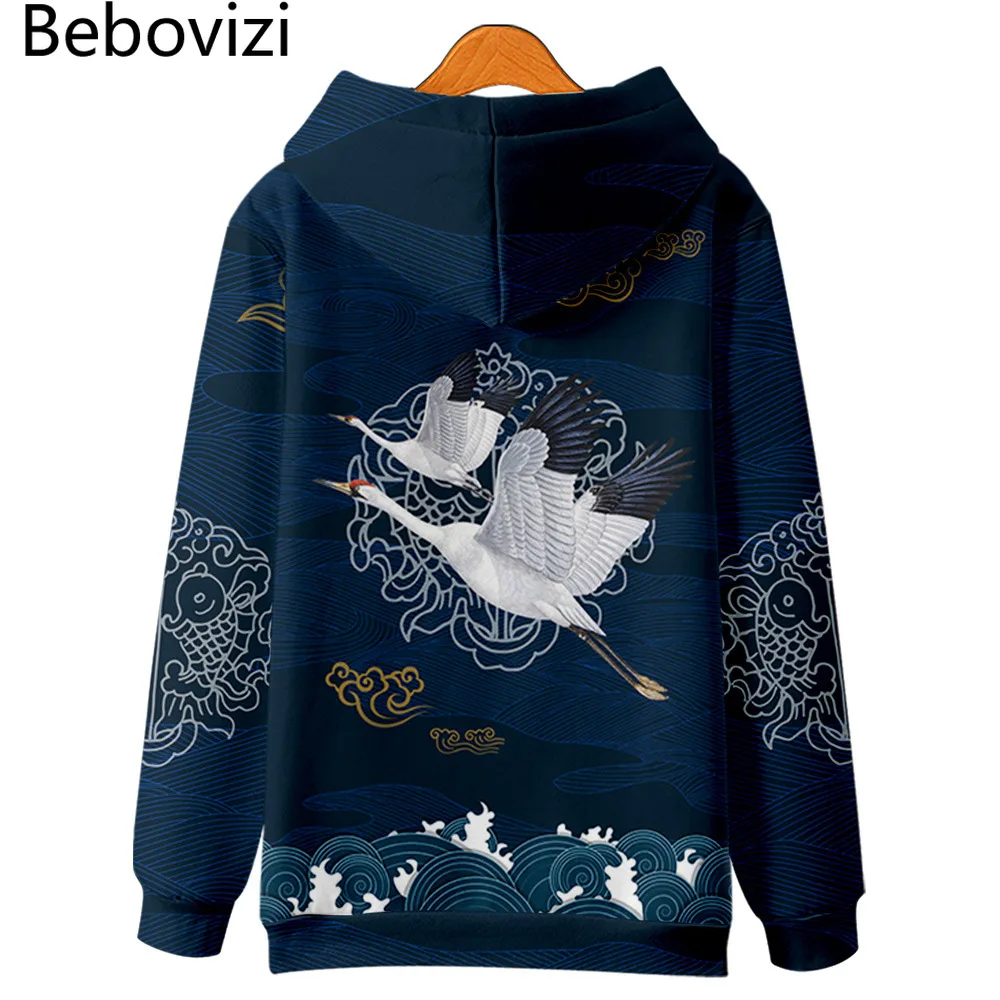 Top Trends: Harajuku Crane Print Hoodie Sweatshirt Autumn Japanese Casual Oversized Hooded Hoodie Hip Hop Pullover Women Men Clothing Shoppable Styles