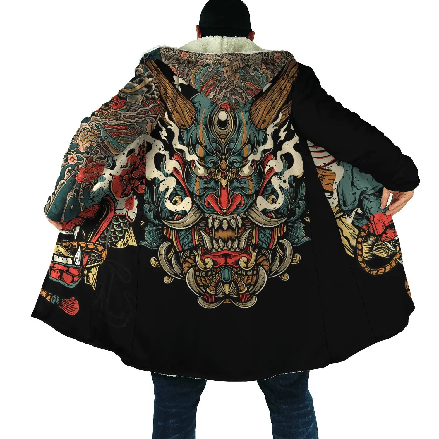 Top Trends: Drop Shipping Winter Mens Cloak Samurai Oni Mask Tattoo 3D Printing Fleece Hooded Cloak Unisex Casual Thick Warm Cape Coat PF31 Shoppable Styles