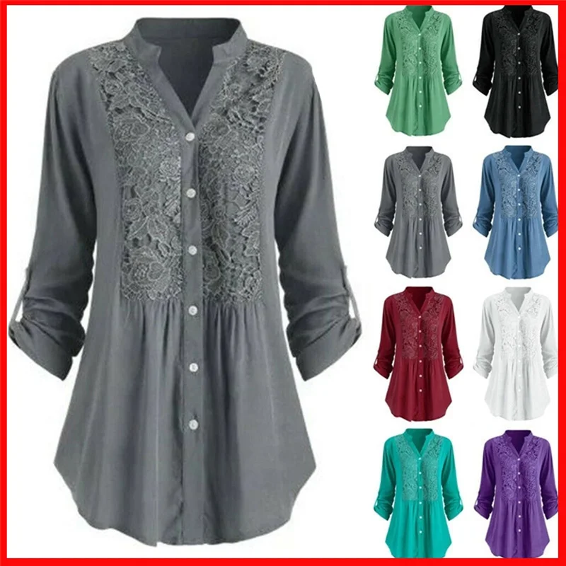 Top Trends: Women Solid Color Lace Splicing Single Breasted Casual Stand Collar Long Sleeves Loose Cotton Shirt Oversize Tunics Shoppable Styles