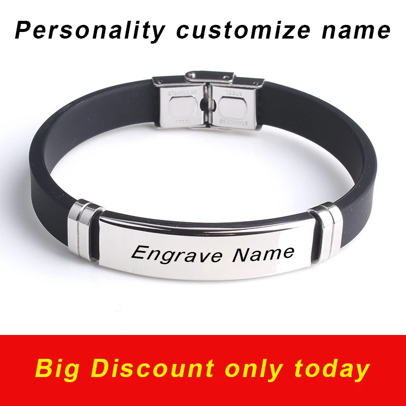 Top Trends: Fashion Engrave Logo Custom Name Bracelet Smooth Silicone Stainless Steel Bracelets For Men Personality Jewelry Shoppable Styles