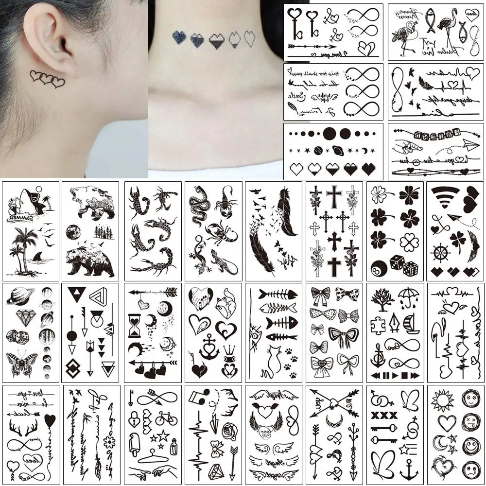 Top Trends: 30 Sheets Waterproof Black Tiny Tattoo Feather Women Body Hand Art Drawing Temporary Tattoo Stickers Men Finger Words Tatto Face Shoppable Styles