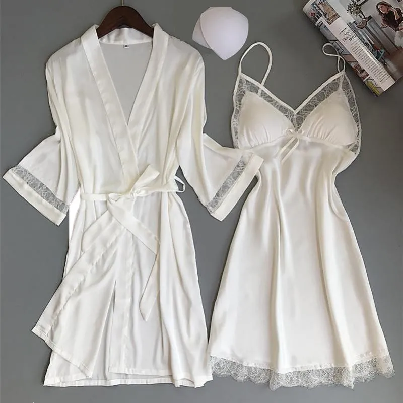 Top Trends: Sexy Women Rayon Kimono Bathrobe WHITE Bride Bridesmaid Wedding Robe Set Lace Trim Sleepwear Casual Home Clothes Nightwear Shoppable Styles