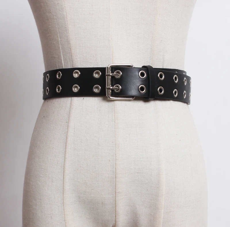 Top Trends: New Design Belts For Women Punk Silver Pin Buckle Belt Hollow Rivet Faux Leather Soft Black Waist Strap Jeans Dress Double Layer Shoppable Styles