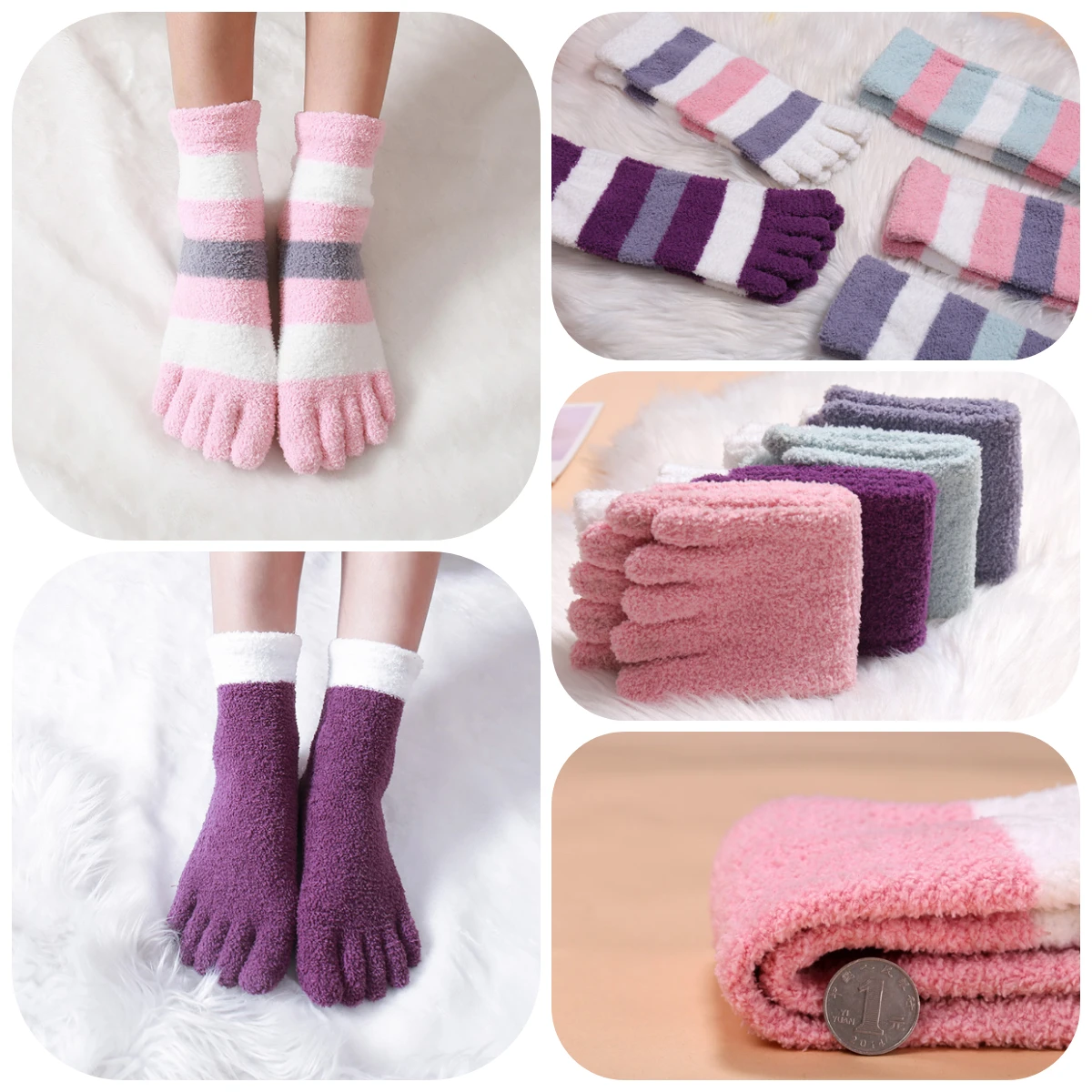 Top Trends: Women's Thick Five Finger Socks Winter Warm Coral Fleece Fluffy Toe Socks Striped Soft Cozy Hosiery Girls Female Floor Slippers Shoppable Styles