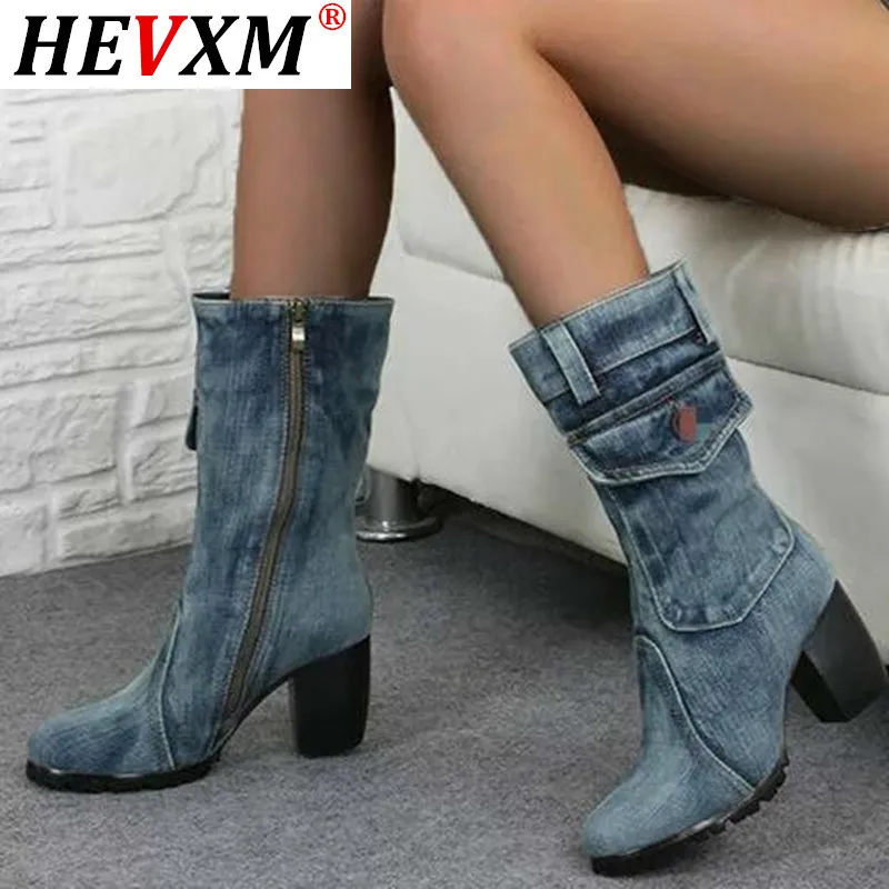 Top Trends: Sexy Jean Boots Women's Mid Calf Boot Zipper High Heel Woman Stylish Jeans Boots Ladies Denim Boot Female Shoes Cowboy 2023 New Shoppable Styles