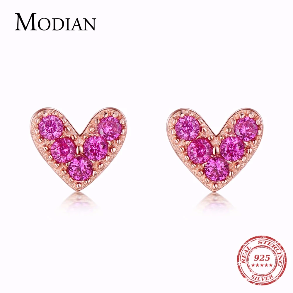 Top Trends: Modian Genuine 925 Sterling Silver Hearts Fashion Rose Gold Color Pink CZ Simple Stud Earrings For Women Sterling Silver Jewelry Shoppable Styles