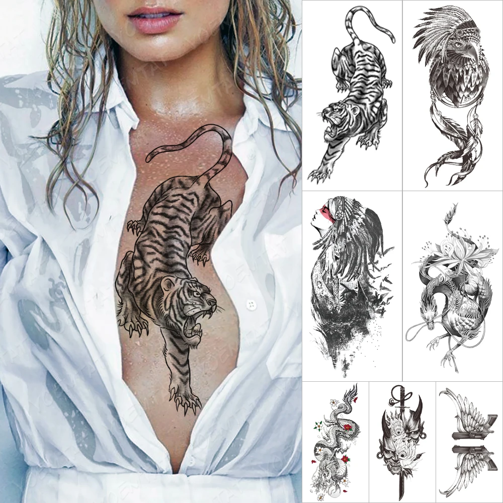 Top Trends: Waterproof Temporary Tattoo Sticker Tiger Old School Animals Flash Tattoos Prajna Sword Eagle Forest Body Art Arm Fake Tatoo Shoppable Styles