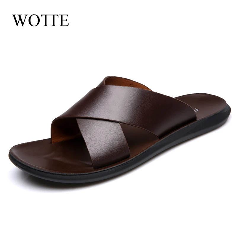 Top Trends: WOTTE New Fashion Summer Men Shoes Vintage Italian Flats Casual Non-slip Beach Sandals Leather Flip Flop Slippers Flat Sandals Shoppable Styles