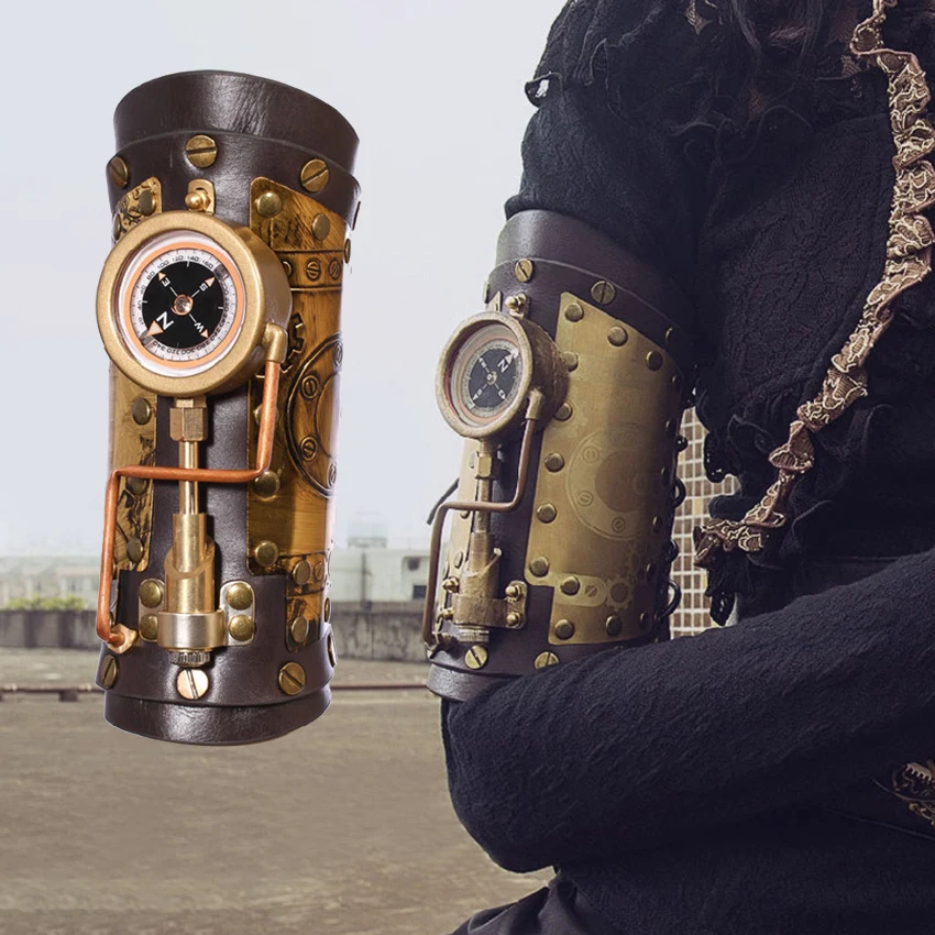 Top Trends: Steampunk Arm Sleeve Cosplay Anime Accessories Armor Gear Mechanical Compass Metal Leather Prop Costumes For Woman Role Playing Shoppable Styles