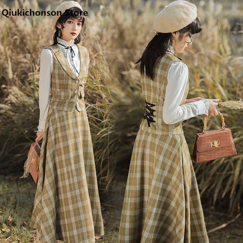 Top Trends: Womens Outfits Spring Autumn Vintage England Style Elegant Ladies Plaid Back Lace-Up Crop Suit Vest Shirt Maxi Skirt 3 Piece Set Shoppable Styles