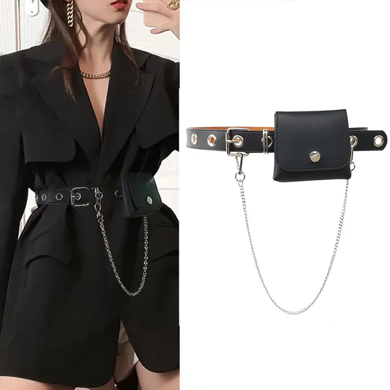 Top Trends: Punk Leather Women Belt Bag Chain Metal Eyelet Grommet Buckle Waist Strap Designer Ladies Girl Jeans Dress Decoration Waistband Shoppable Styles