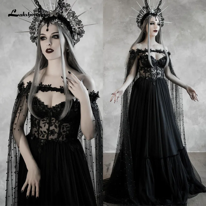 Top Trends: Lakshmigown Dark Fairytale Gothic Black Wedding Dresses With Cupped Corset Bodice Fantasy Bridal Gown Halloween Wedding Cloak Shoppable Styles