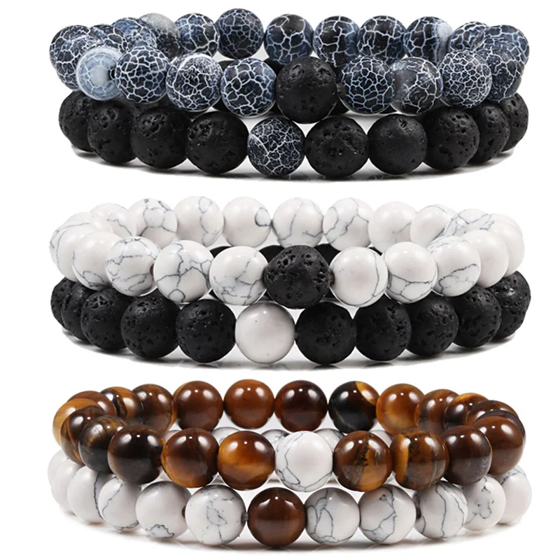 Top Trends: Set Bracelet Couples Distance Black White Natural Lava Stone Tiger Eye Beaded Yoga Bracelets For Men Women Elastic Rope Jewelry Shoppable Styles