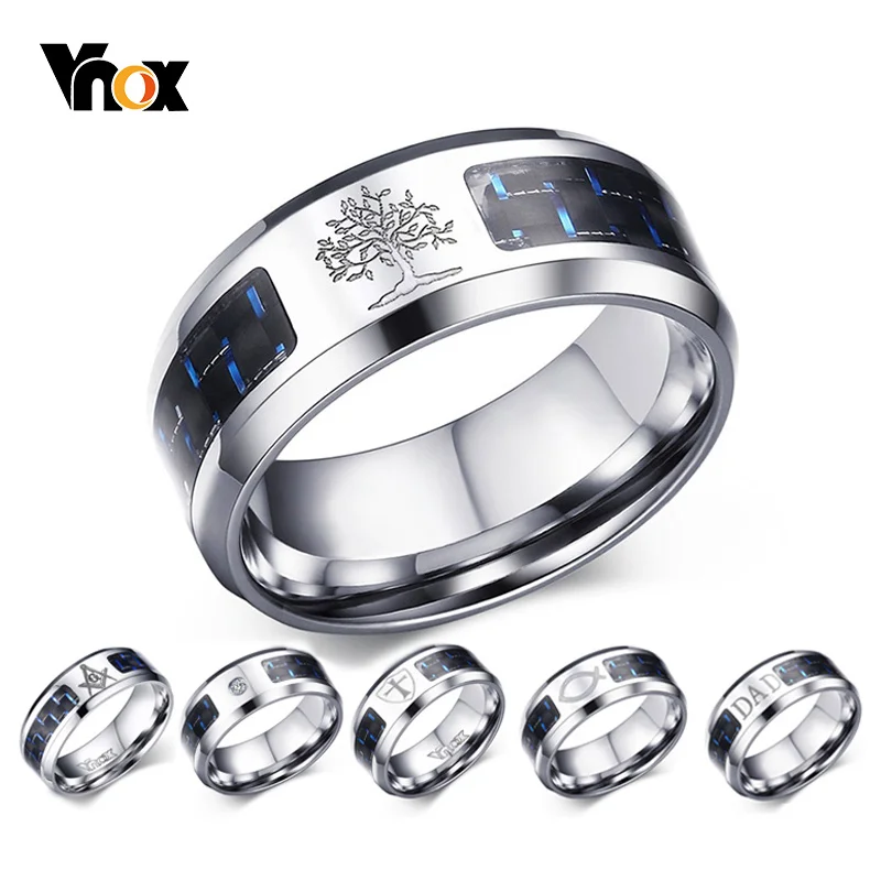 Top Trends: Vnox 8mm Personalize Carbon Fiber Ring For Man Engraved Tree Of Life Stainless Steel Male Alliance Casual Customize Jewelry Band Shoppable Styles