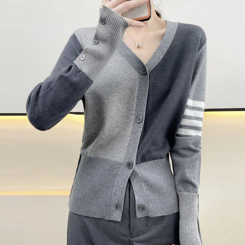 Top Trends: 2021 Fashion Women&#039;s TB Cardigan Cashmere Cardigan Ladies V-neck Cardigan Sweater Sleeves Four-bar Cashmere Sweater Shoppable Styles