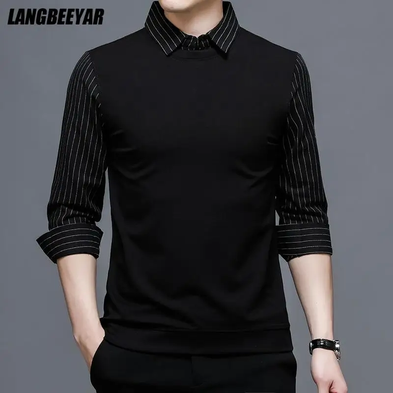 Top Trends: Top Grade Fake Two New Fashion Brand Slim Fit Black Striped Shirt For Men Fasion Long Sleeve Korean College Casual Mans Clothes Shoppable Styles