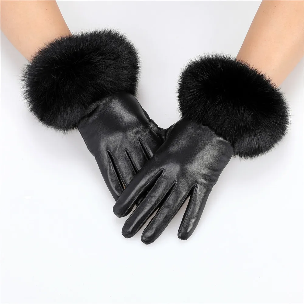 Top Trends: New Arrival Wholesale Women&#039;s Real Sheepskin Leather Gloves With Rabbit Fur Cuffs Female Cycling Warm Gloves Fleece Lining Shoppable Styles