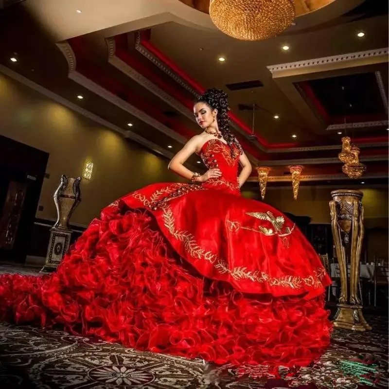 Top Trends: Sexy Sweetheart Red Embroidery Charro Quinceanera Dresses Satin Ruffles Lace Up Floor Length Vestido De Festa Sweet 16 Dress Shoppable Styles