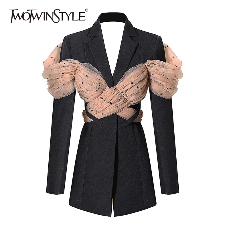 Top Trends: TWOTWINSTYLE Casual Patchwork Dot Mesh Blazer For Women Notched Long Sleeve Backless Blazers Female Fashion New Clothing 2022 Shoppable Styles