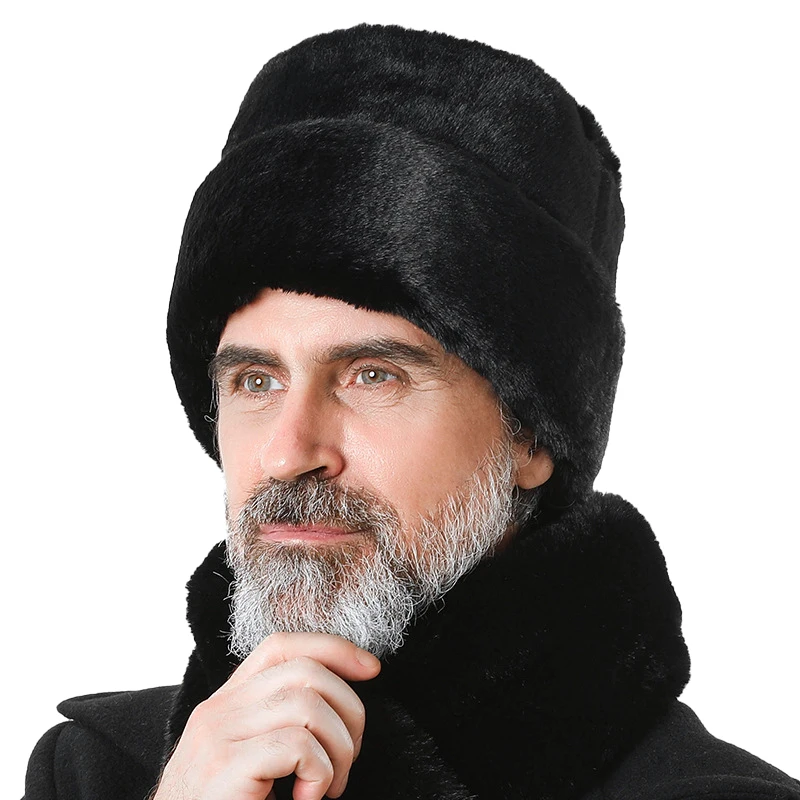 Top Trends: New Russian Men's Winter Hat Middle-aged Faux Mink Hair Thickened Flat Top Beanie Landlord Warm Earflap Pullover Freeshipping Shoppable Styles