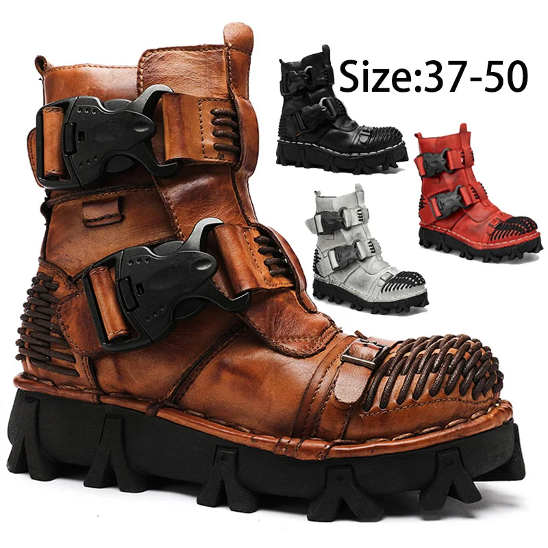 Top Trends: Men&#039;s Genuine Leather Motorcycle Boots Skull Gothic Punk Cowboy Boots Combat Ankle Boots Safety Work Shoes Military Boots Winter Shoppable Styles