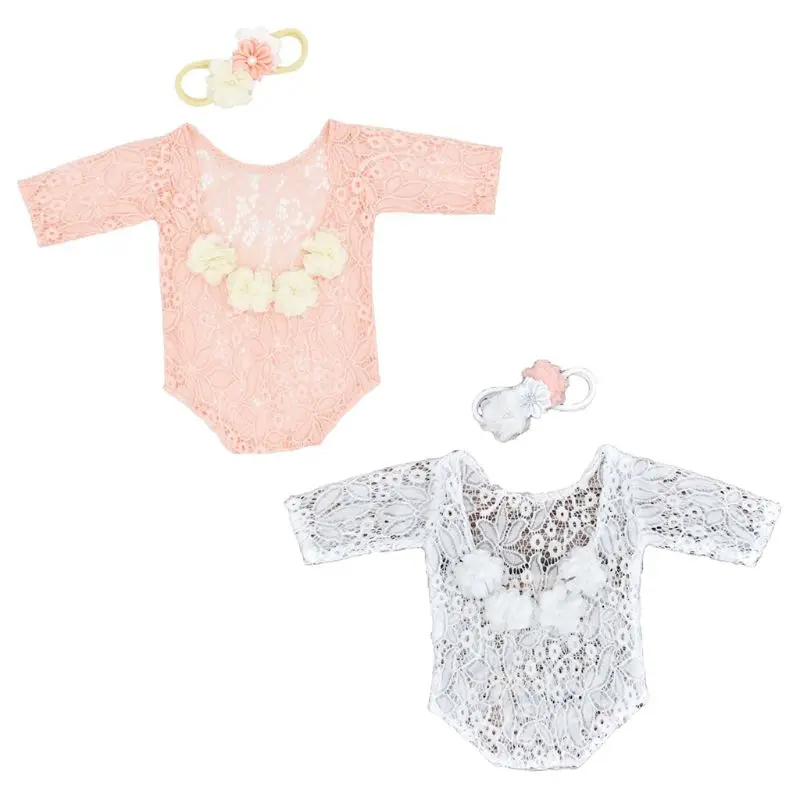 Top Trends: Baby Newborn Photography Props Costume Infants Lace Romper Jumpsuit+ Pearl Headband Set Photo Shooting Accessories Shoppable Styles