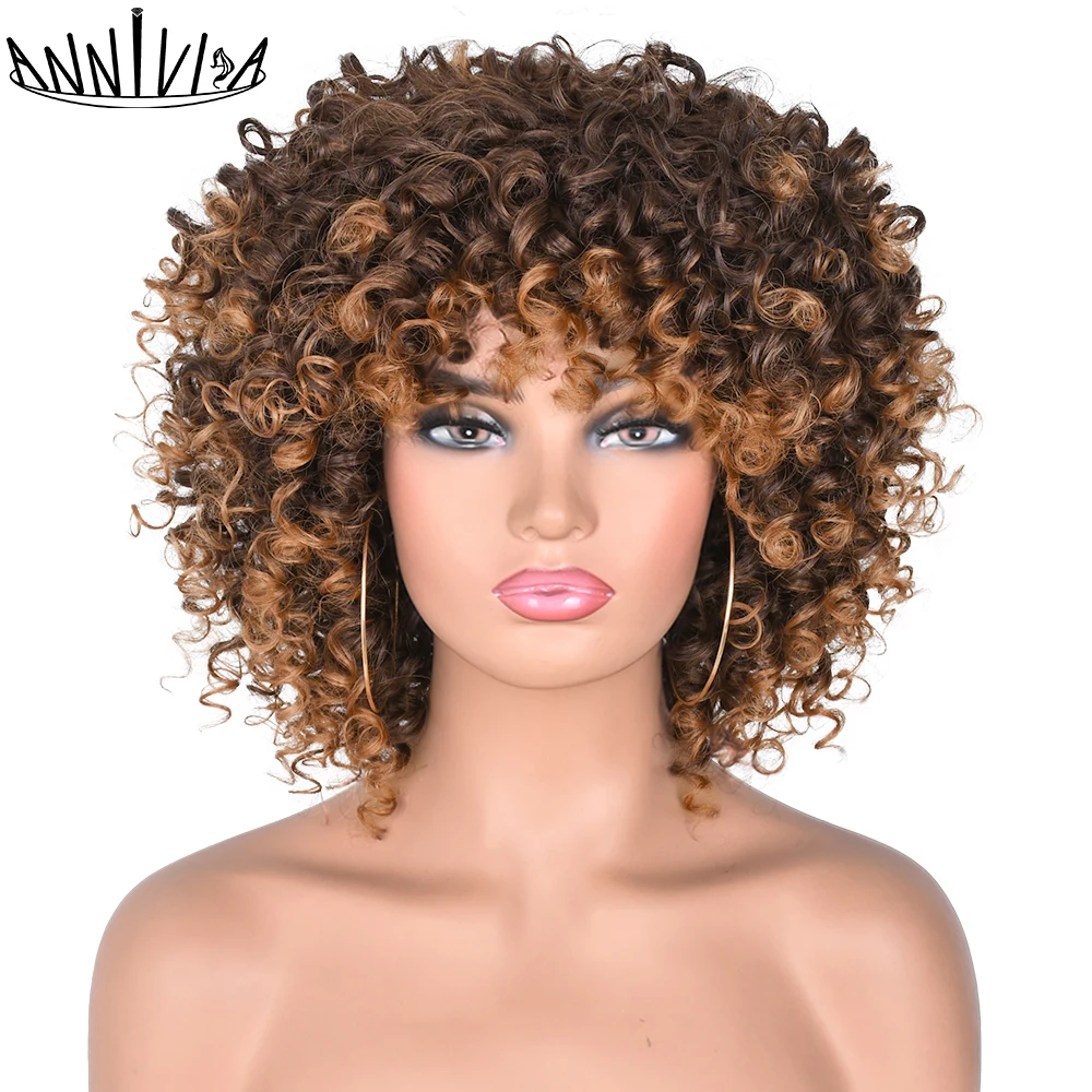 Top Trends: Short Hair Afro Kinky Curly Wigs With Bangs For Black Women Blonde Mixed Brown Synthetic Cosplay African Wigs Heat Resistant Shoppable Styles