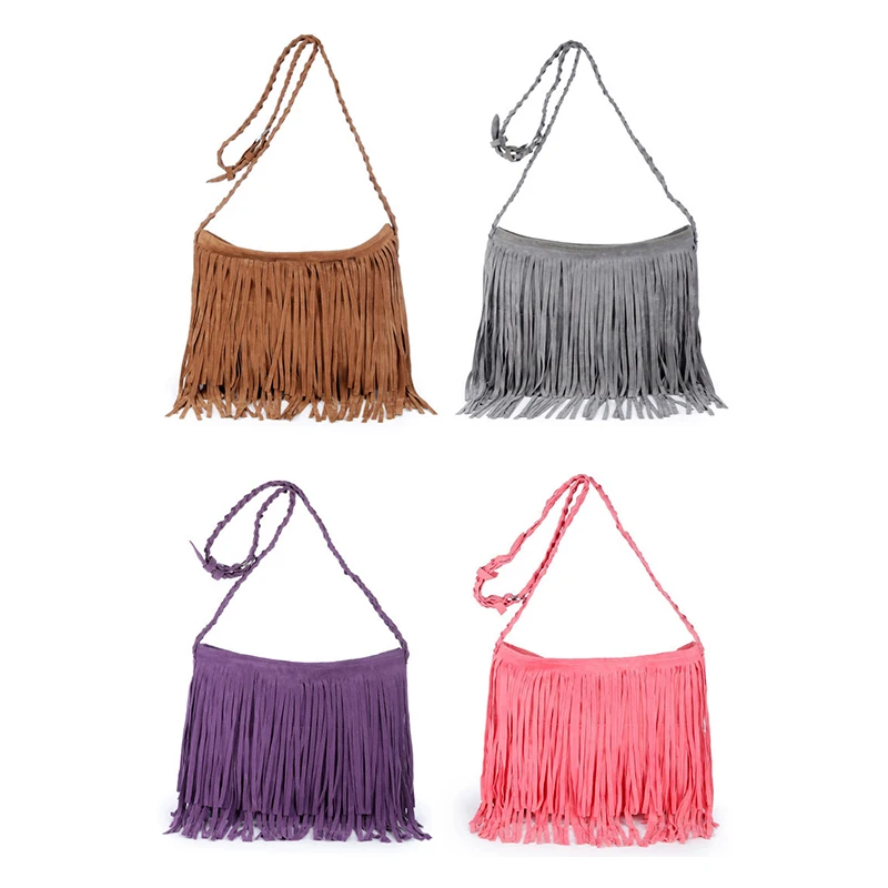 Top Trends: 2023 New Women's Fringed Leather Shoulder Bag With Knitting Strap Soft Ethnic Style PU Messenger Bag Solid Color Tassels Handbag Shoppable Styles - Image 6