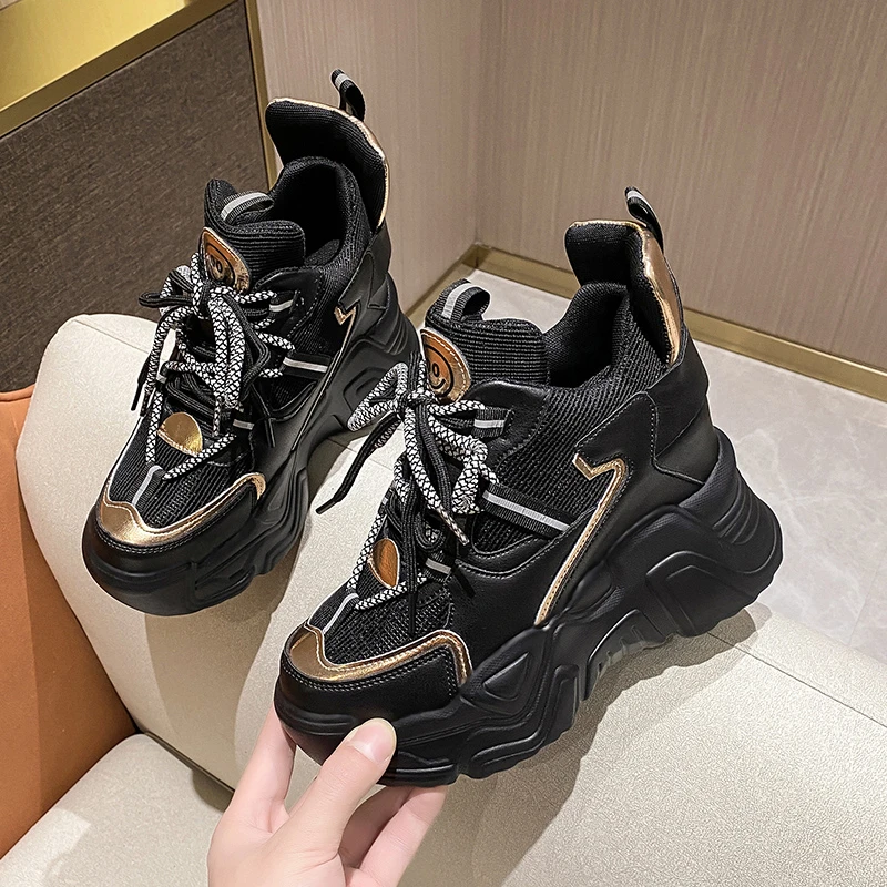 Top Trends: 2022 Spring Thick Sole Casual Dad Shoes Breathable Leather Chunky Sneakers Lace-up 10CM High Platform Sports Shoes Zapatos Mujer Shoppable Styles - Image 3