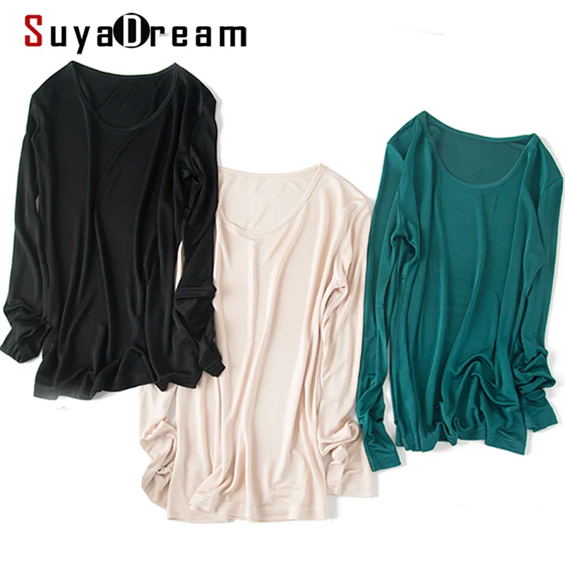 Top Trends: SuyaDream Women Basic Shirt Real Silk T Shirts Solid Long Sleeved O Neck Healthy TOP 2021 Autumn Winter Wine Shoppable Styles