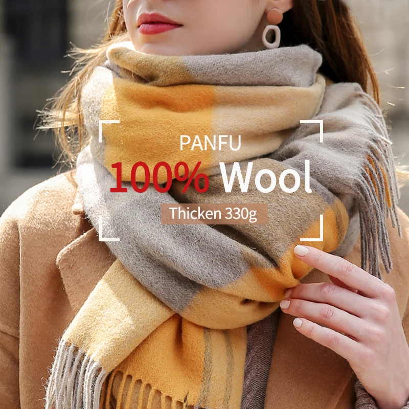 Top Trends: Winter 100% Wool Scarf For Women Neck Warmer Cashmere Shawls And Wraps Echarpe Pashmina Ladies Plaid Wool Scarves Foulard Femme Shoppable Styles