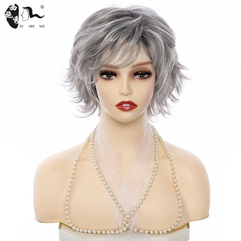 Top Trends: Short Mixed Brown Gray Synthetic Natural Wavy Wig Wig With Bangs Layered Puffy Hair Heat Resistant Daily Use Wigs XISHIXIUHAIR Shoppable Styles