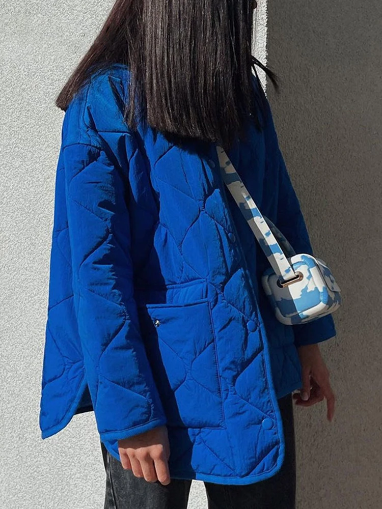 Top Trends: Cryptographic Winter Blue Oversize Puffer Jackets For Women Casual Fashion Warm Cotton Button Down Quilted Coat And Jacket Loose Shoppable Styles - Image 3