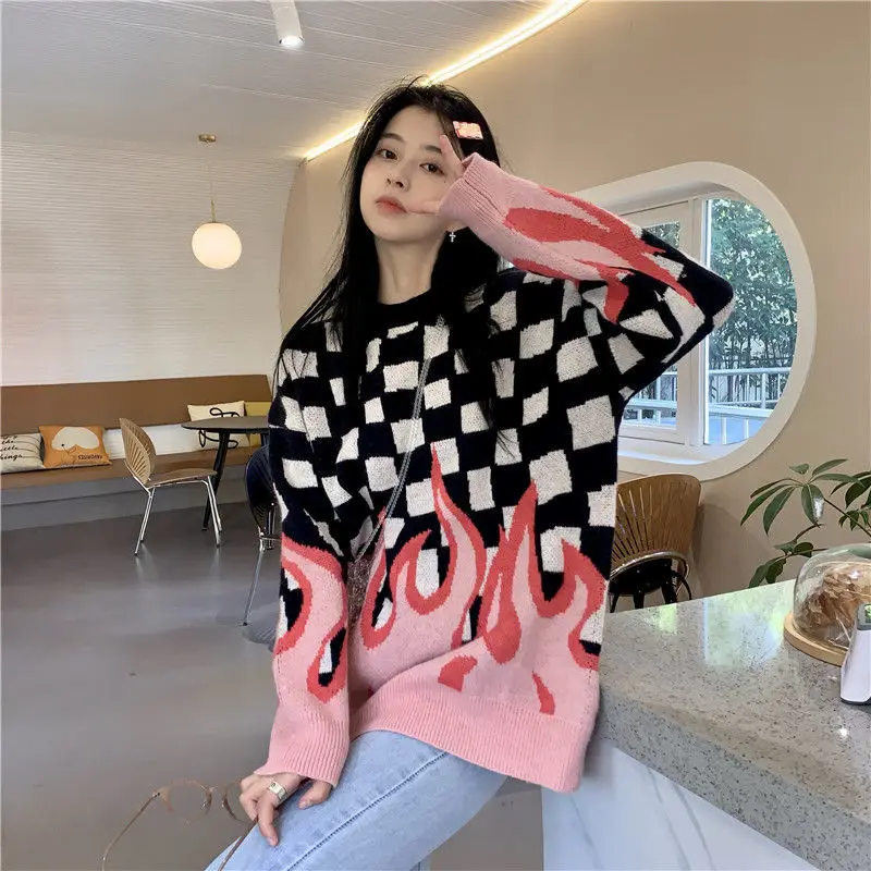 Top Trends: New Style Plaid Flame Sweaters Women Korean Loose Knitted Pullovers Autumn Winter Fashion Vintage Outwear Warm Sweater Female Shoppable Styles