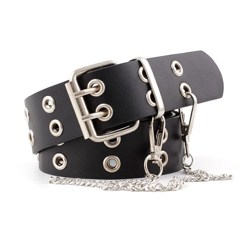 Top Trends: Punk PU Leather Waist Belt New Hip-hop Fashion Pin Buckle Black Adjustable Waistband With Chain For Ladies Girls Women Jeans Z15 Shoppable Styles