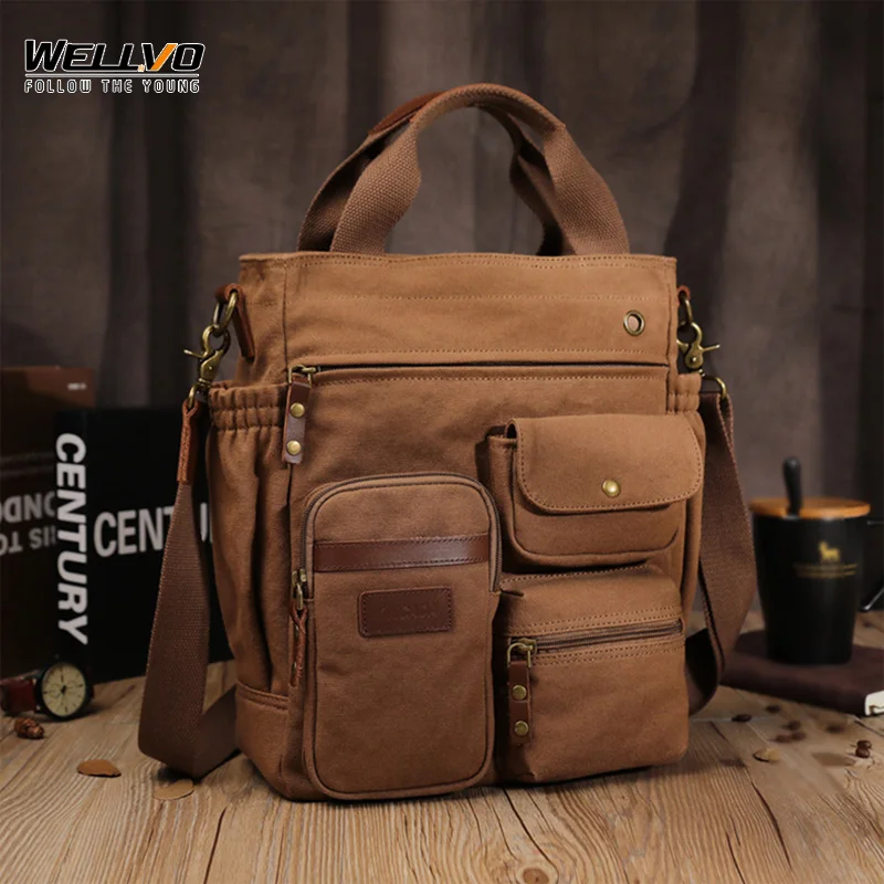 Top Trends: Business Men Canvas Handbag Casual Large Crossbody Shoulder Bag Vintage Tote Male Office Handbags Retro Brown Satchel Bags XA74C Shoppable Styles