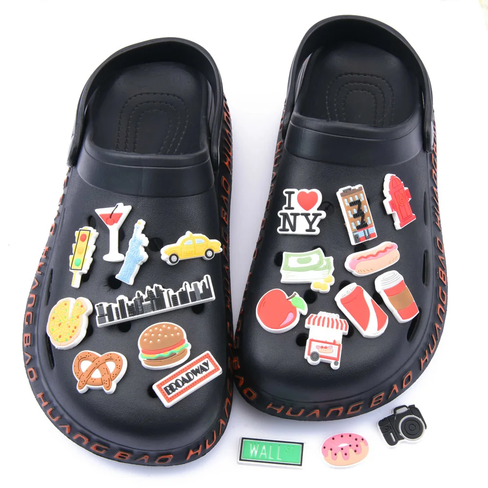 Top Trends: Hot Sale 1 Pcs Croc Shoe Charms American New York Classic Logo Shoes Decorations Pizza Hamburger Hot Dog Bracelet Accessories Shoppable Styles