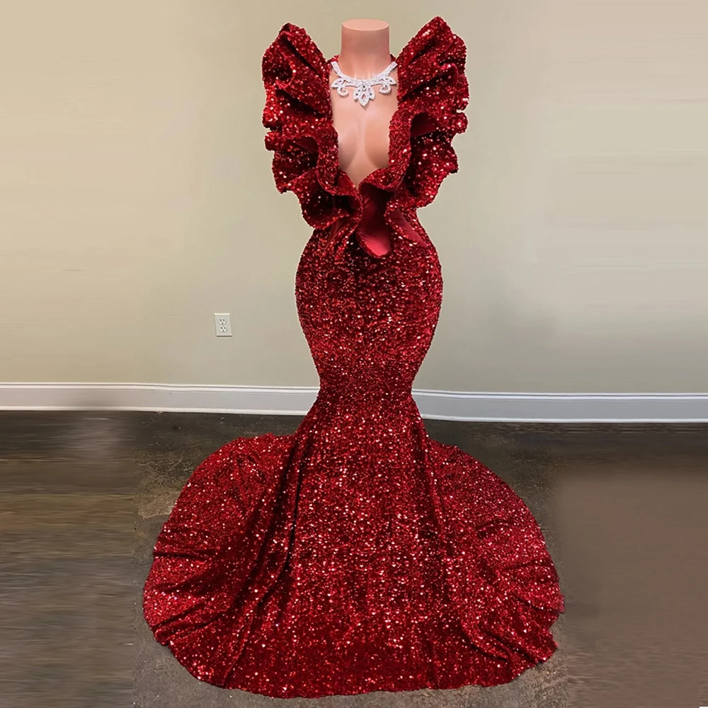 Top Trends: Sexy Burgundy Sequins Ruffles V Neck Mermaid Prom Dresses Sleevesless Wedding Evening Gowns Backless Vestidos De Fiesta Shoppable Styles