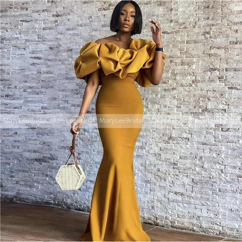 Top Trends: Unusual Gold Yellow Mermaid Bridesmaid Dresses Off The Shoulder Ruffles Neckline Customize Wedding Maid Of Honor Party Gowns Shoppable Styles