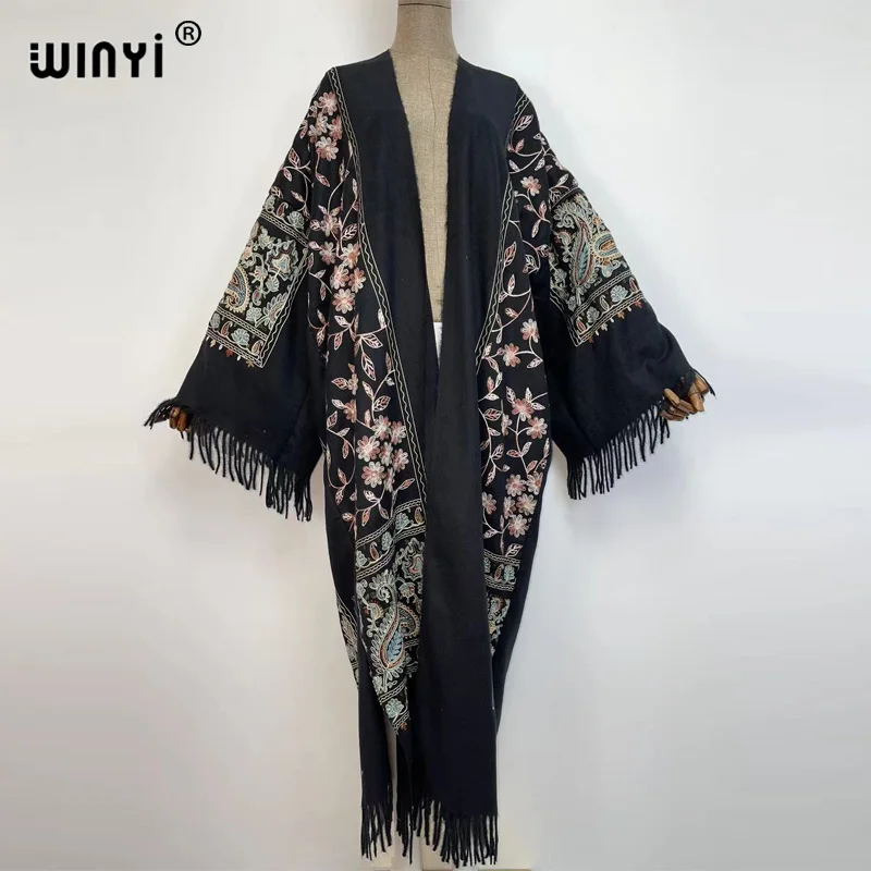 Top Trends: WINYI Winter Women Tassel Pashmina Embroidery Long Coat Loose Lapel OverCoat Thick Warm Free Size Middle East Female KIMONO Shoppable Styles