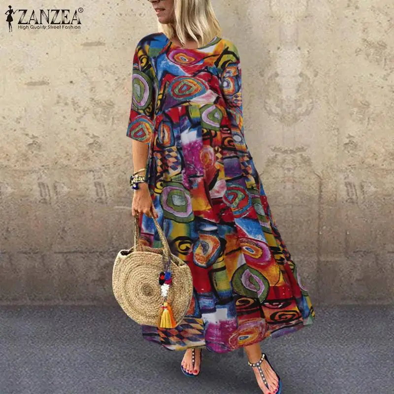 Top Trends: 2023 Autumn Summer ZANZEA Pleated Dress Women Vintage Vestidos Robe Printed Long Maxi Dresses Femme 3 / 4 Sleeve Tunic Shoppable Styles