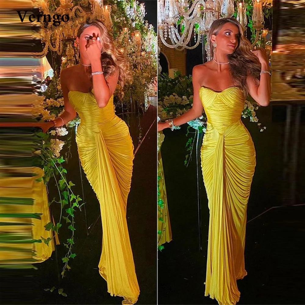 Top Trends: Verngo Bright Yellow Chiffon&Satin Pleats Long Prom Dresses Sweetheart Mermaid Floor Length Evening Gowns Women Party Dress Shoppable Styles