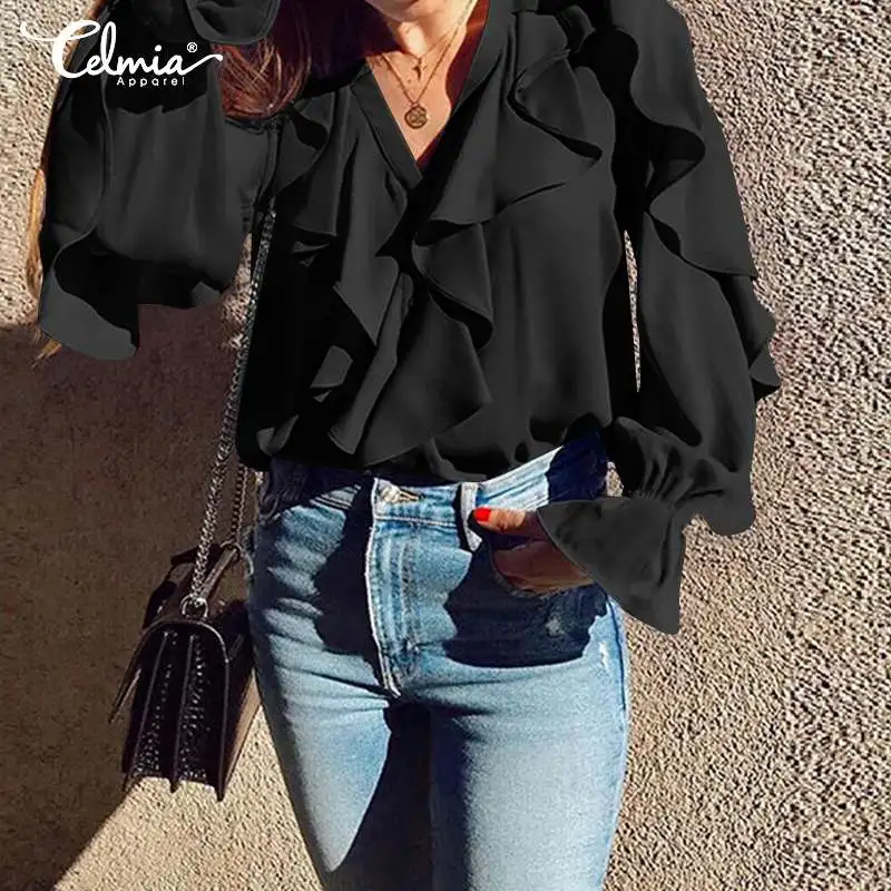 Top Trends: Women White Blouse Celmia 2023 Fashion Elegant Ruffled Tops Sexy V Neck Long Sleeve Shirt Female Casual Button Streetwear Blusas Shoppable Styles - Image 3