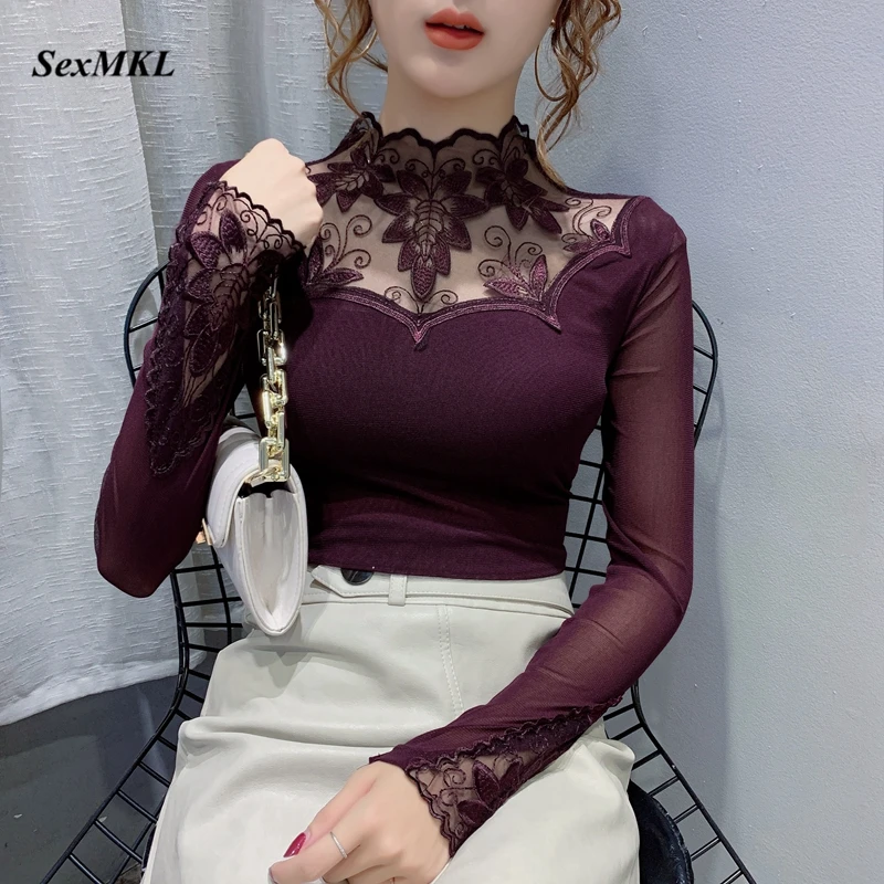 Top Trends: Oversized Lace Patchwork Blouses Women 2023 Fashion Long Sleeve Casual Black Ladies Tops Korean Clothes Elegant Slim Sexy Blouse Shoppable Styles