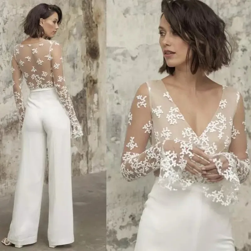 Top Trends: Wedding Pants Dress 2024 Sets Open Back Sexy V-Neck Top Lace Appliques Long Sleeves Illusion Jumpsuit Gown Formal Bridal Outfit Shoppable Styles