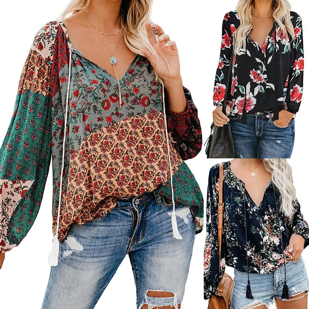 Top Trends: 80% New Arrival ！！！Women Boho Floral Print Tassel Drawstring V Neck Long Sleeve Loose Blouse Top Shoppable Styles