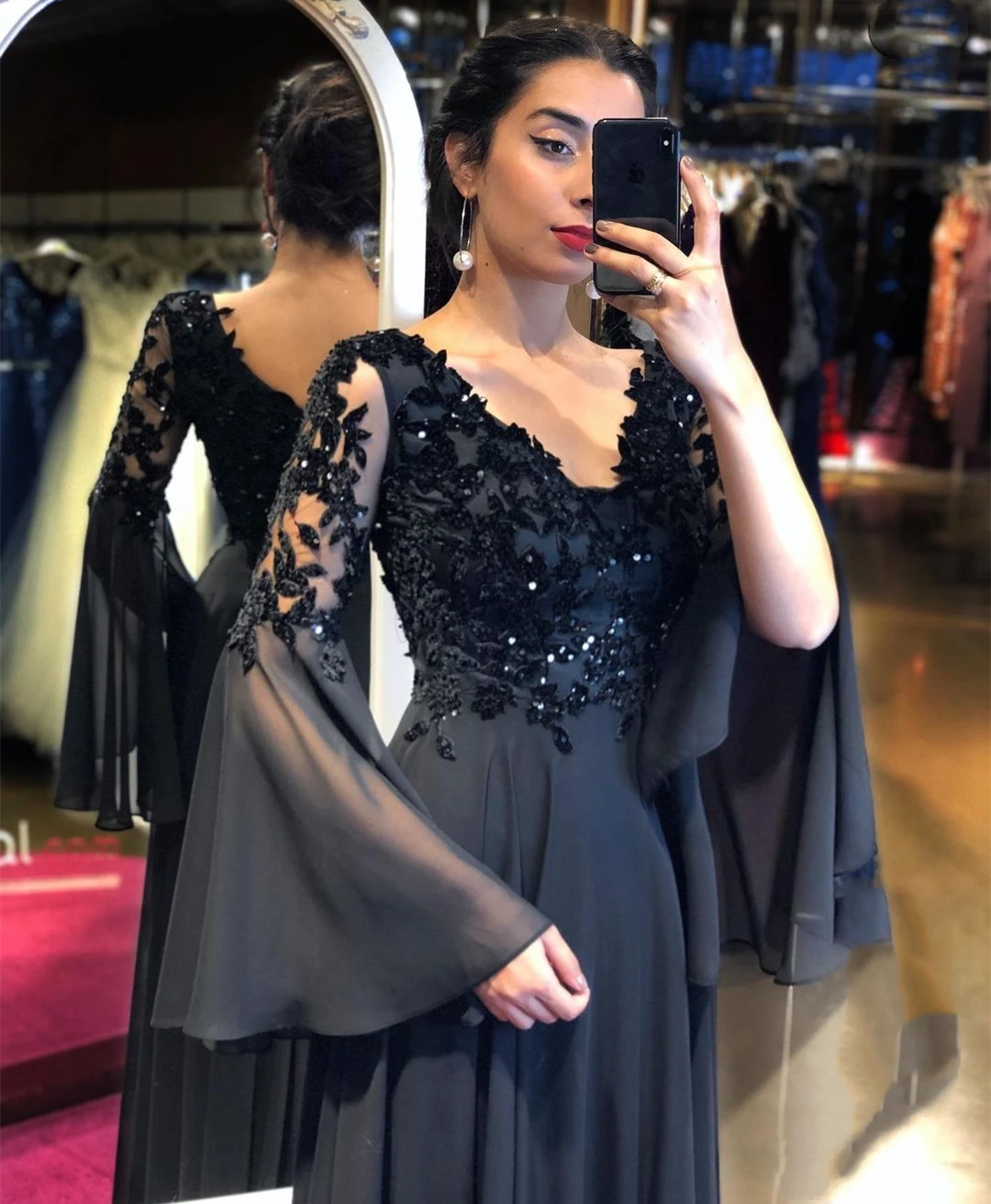 Top Trends: 2021 Elegant Black Backless Floor Length A-Line Evening Dresses Long Sleeve V-Neck Flare Lace Appliques Sequins Party Prom Gown Shoppable Styles