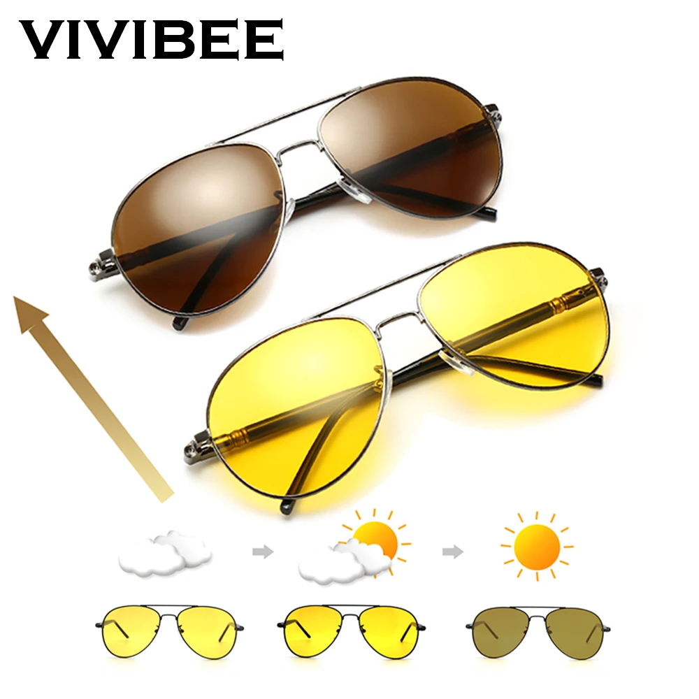 Top Trends: VIVIBEE Men Photochromic Night Vision Polarizing Sun Glasses Pilot Style Aluminum Women Polarized Driving Sunglasses Yellow Shoppable Styles