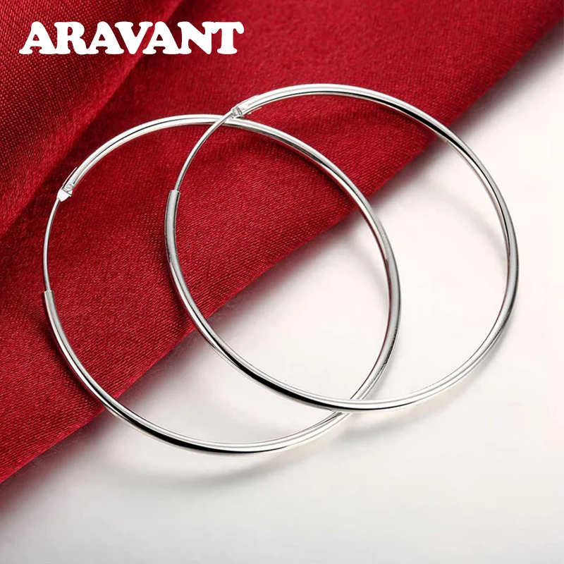 Top Trends: 100% 925 Sterling Silver Hoop Earring For Women 35 / 50 / 60MM Big Round Circle Earrings Jewelry Gift Shoppable Styles