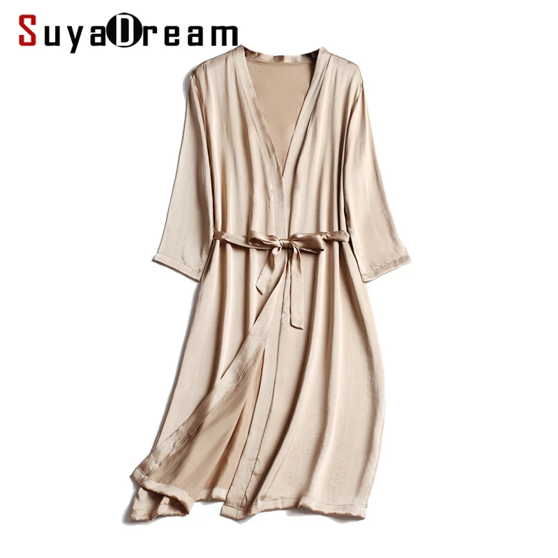 Top Trends: SuyaDream 100% Natural Silk Women Robes Silk Satin Knee Length Robe Belted Healthy Sleep Wear 2021 Spring Fall Home Wears Kimono Shoppable Styles